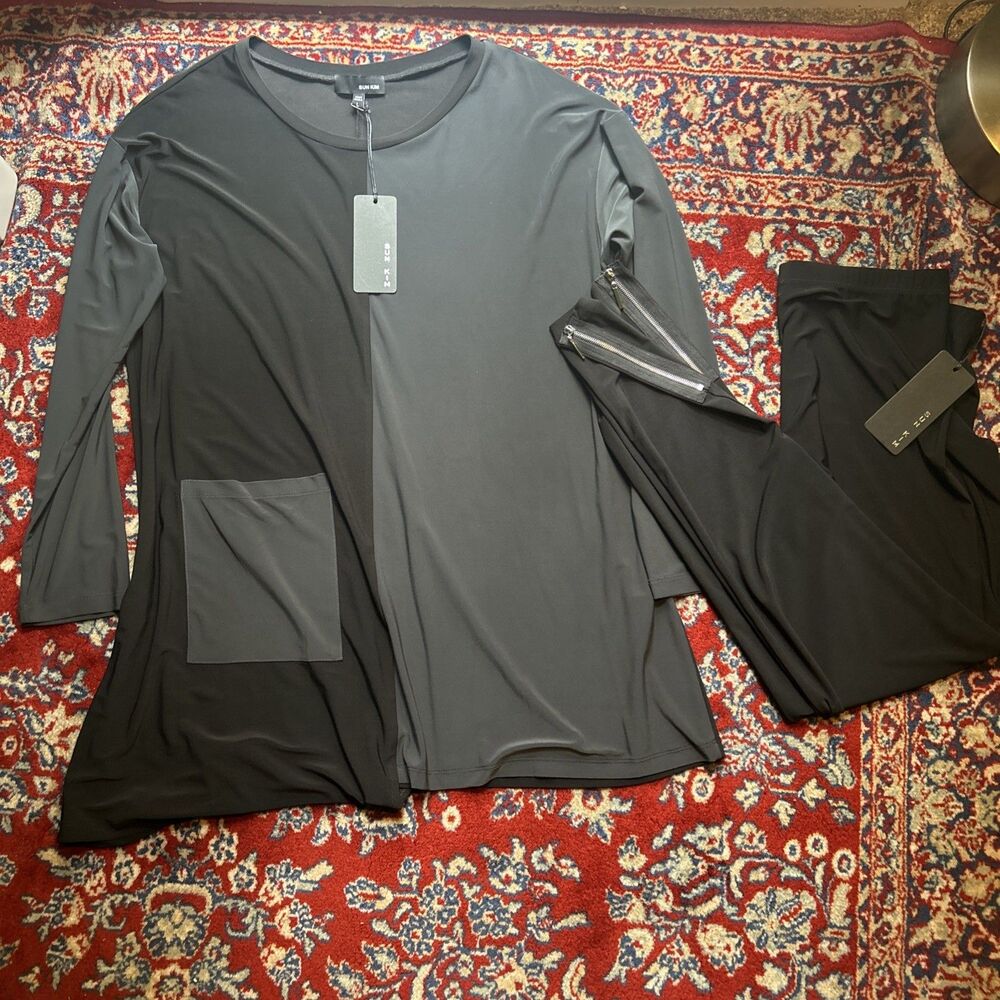 Sun Kim Black Gray Stretch Colorblock Tunic Shirt Top Pant Set Women Size L USA